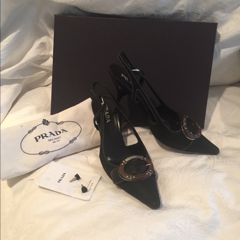 Authentic Prada black heels with wood accent